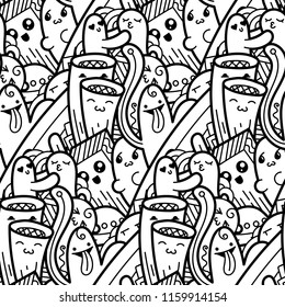 Funny doodle monsters seamless pattern for prints, designs and coloring books. Black and white lined vector illustration