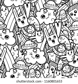 Funny doodle monsters seamless pattern for prints, designs and coloring books. Black and white lined vector illustration