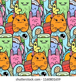 Funny doodle monsters seamless pattern for prints, designs and coloring books. Vector illustration