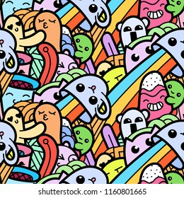 Graciosos monstruos de doodle, sin fisuras, para imprimir, diseñar y colorear libros. Ilustración del vector