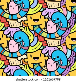 Funny doodle monsters seamless pattern for prints, designs and coloring books. Vector illustration