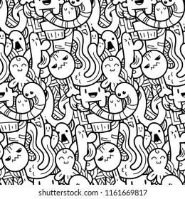 Funny doodle monsters seamless pattern for prints, designs and coloring books. Black and white lined vector illustration