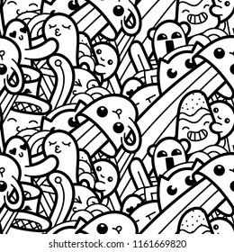 Funny doodle monsters seamless pattern for prints, designs and coloring books. Black and white lined vector illustration
