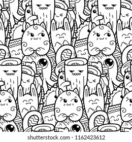 Funny doodle monsters seamless pattern for prints, designs and coloring books. Black and white lined vector illustration