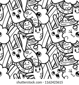 Funny doodle monsters seamless pattern for prints, designs and coloring books. Black and white lined vector illustration