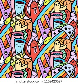 Funny doodle monsters seamless pattern for prints, designs and coloring books. Vector illustration