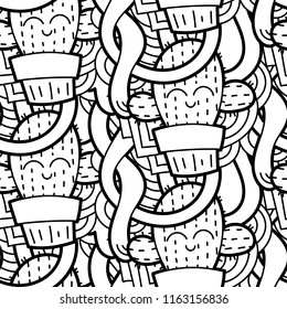 Funny doodle monsters seamless pattern for prints, designs and coloring books. Black and white lined vector illustration