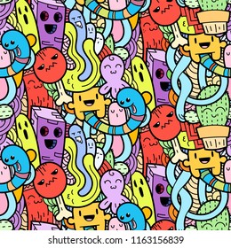Funny doodle monsters seamless pattern for prints, designs and coloring books. Vector illustration