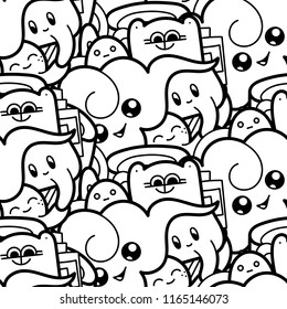 Funny doodle monsters seamless pattern for prints, designs and coloring books. Black and white lined vector illustration