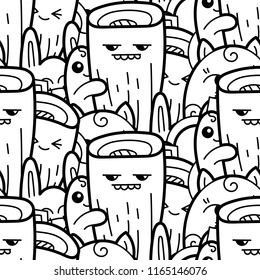 Funny doodle monsters seamless pattern for prints, designs and coloring books. Black and white lined vector illustration