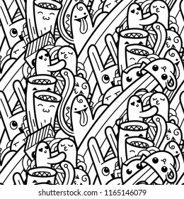 Funny doodle monsters seamless pattern for prints, designs and coloring books. Black and white lined vector illustration