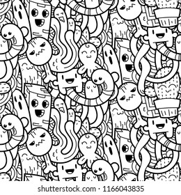 Funny doodle monsters seamless pattern for prints, designs and coloring books. Black and white lined vector illustration