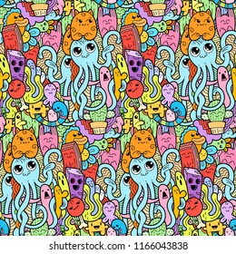 Funny doodle monsters seamless pattern for prints, designs and coloring books. Vector illustration