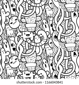 Funny doodle monsters seamless pattern for prints, designs and coloring books. Black and white lined vector illustration