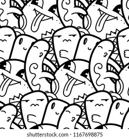 Funny doodle monsters seamless pattern for prints, designs and coloring books. Vector illustration