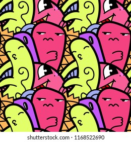 Funny doodle monsters seamless pattern for prints, designs and coloring books. Vector illustration