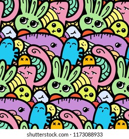 Funny doodle monsters seamless pattern for prints, designs and coloring books. Vector illustration