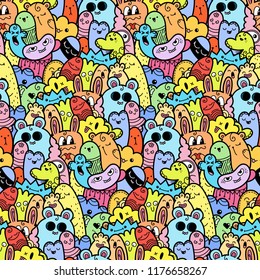 Funny doodle monsters seamless pattern for prints, designs and coloring books. Vector illustration