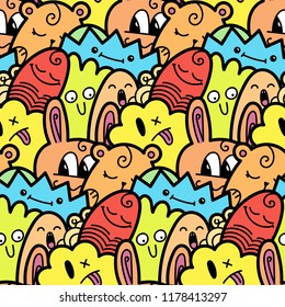 Funny doodle monsters seamless pattern for prints, designs and coloring books. Vector illustration