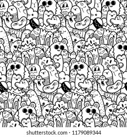 Funny doodle monsters seamless pattern for prints, designs and coloring books. Vector illustration