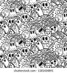 Funny doodle monsters seamless pattern for prints, designs and children books. Vector illustration for coloring pages