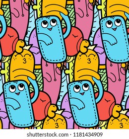 Funny doodle monsters seamless pattern for prints, designs and coloring books. Vector illustration