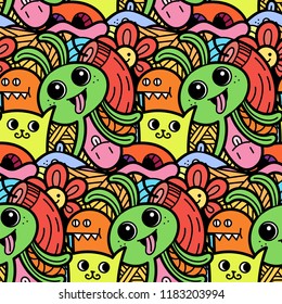 Funny doodle monsters seamless pattern for prints, designs and coloring books. Vector illustration