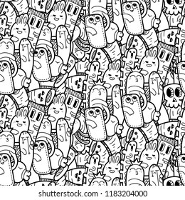 Funny doodle monsters seamless pattern for prints, designs and children books. Vector illustration for coloring pages