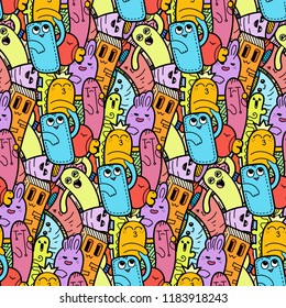 Funny doodle monsters seamless pattern for prints, designs and coloring books. Vector illustration