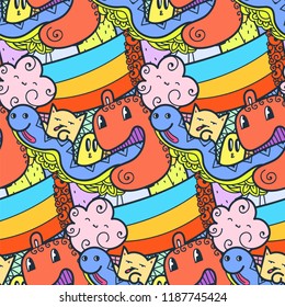 Funny doodle monsters seamless pattern for prints, designs and coloring books. Vector illustration