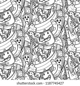 Funny doodle monsters seamless pattern for prints, designs and coloring books. Vector illustration