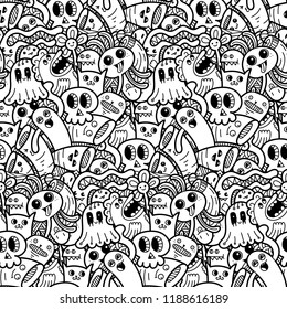 Funny doodle monsters seamless pattern for prints, designs and children books. Vector illustration for coloring pages