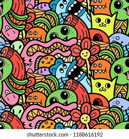 Funny doodle monsters seamless pattern for prints, designs and coloring books. Vector illustration