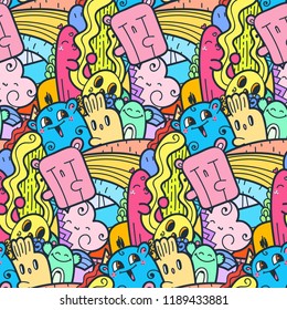 Funny doodle monsters seamless pattern for prints, designs and coloring books. Vector illustration