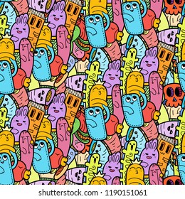 Funny doodle monsters seamless pattern for prints, designs and coloring books. Vector illustration