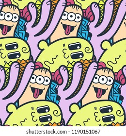 Funny doodle monsters seamless pattern for prints, designs and coloring books. Vector illustration