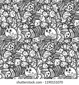 Funny doodle monsters seamless pattern for prints, designs and coloring books. Vector illustration