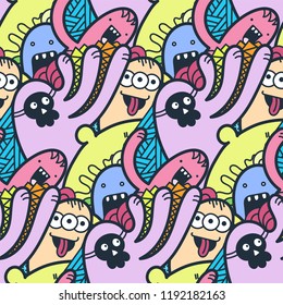 Funny doodle monsters seamless pattern for prints, designs and coloring books. Vector illustration