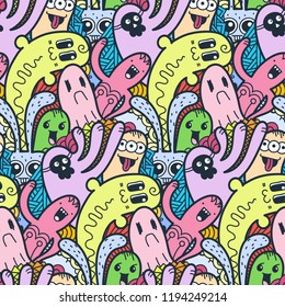 Funny doodle monsters seamless pattern for prints, designs and coloring books. Vector illustration