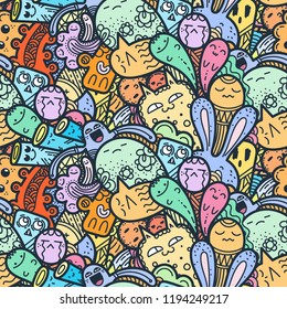 Funny doodle monsters seamless pattern for prints, designs and coloring books. Vector illustration