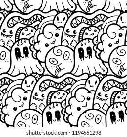 Funny doodle monsters seamless pattern for prints, designs and children books. Vector illustration for coloring pages