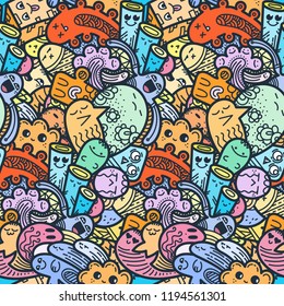 Funny doodle monsters seamless pattern for prints, designs and coloring books. Vector illustration