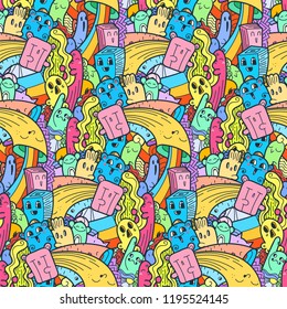 Funny doodle monsters seamless pattern for prints, designs and coloring books. Vector illustration