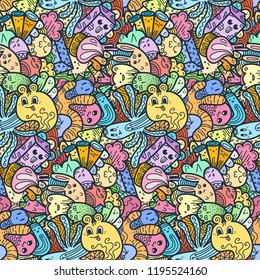 Funny doodle monsters seamless pattern for prints, designs and coloring books. Vector illustration