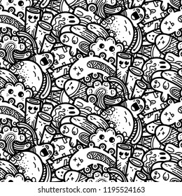 Funny doodle monsters seamless pattern for prints, designs and coloring books. Vector illustration