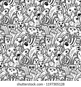 Funny doodle monsters seamless pattern for prints, designs and coloring books. Vector illustration