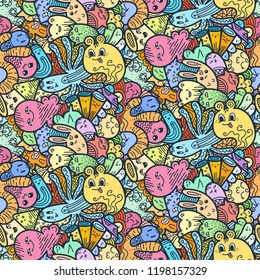 Funny doodle monsters seamless pattern for prints, designs and coloring books. Vector illustration