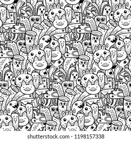 Funny doodle monsters seamless pattern for prints, designs and coloring books. Vector illustration