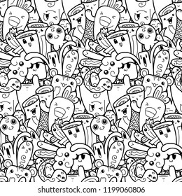 Funny doodle monsters seamless pattern for prints, designs and coloring books. Vector illustration