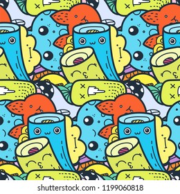 Funny doodle monsters seamless pattern for prints, designs and coloring books. Vector illustration